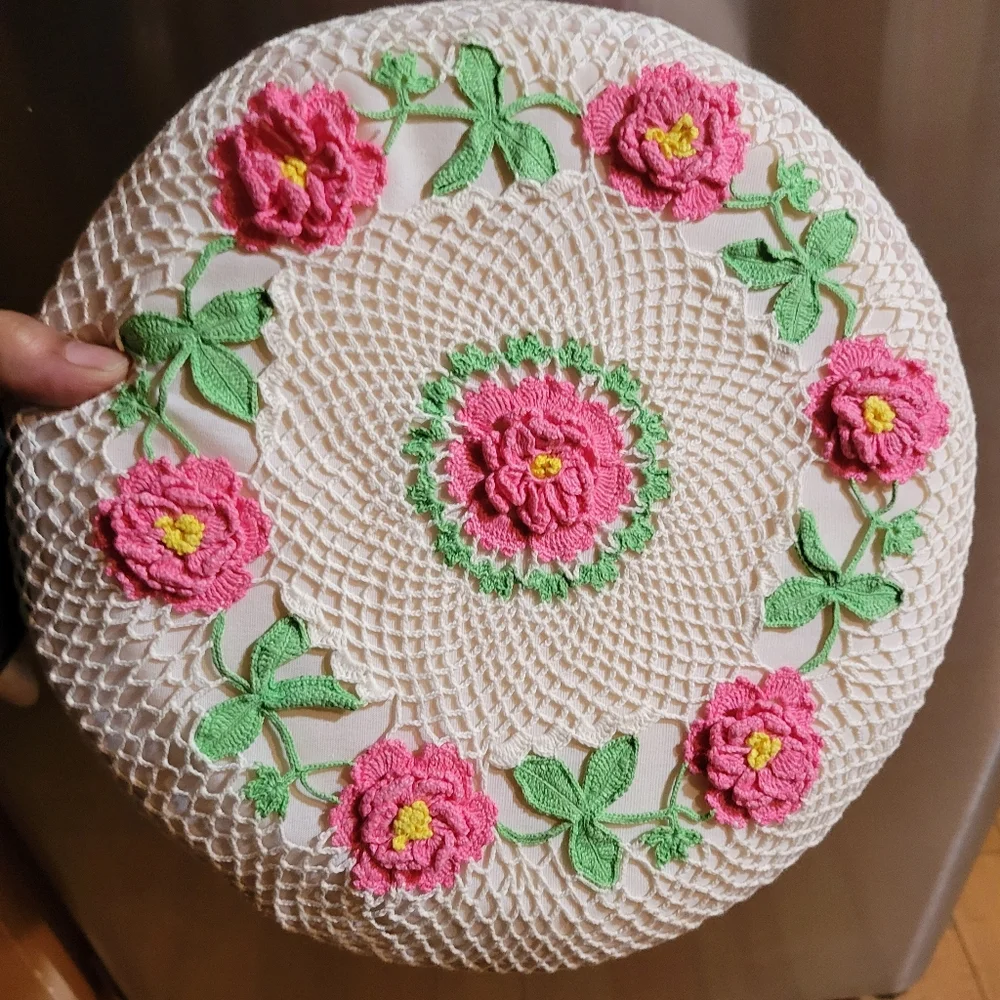 Vintage Inspired Rose Crocheted Boudoir Circle Pillow Cover